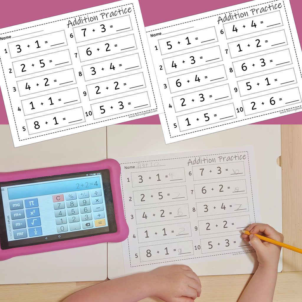 Addition Practice Worksheets - Great for calculator practice, writing, counting blocks and more! #math #homeschool #homeschooling #kids #worksheet #printable
