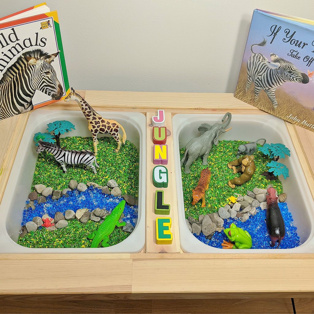 Jungle Sensory Bin Raising Hooks